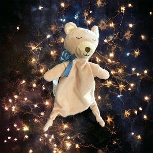 C R Gibson Teddy Bear Lovey Plush Security Blanket Tan Blue Bow. Knotted Feet